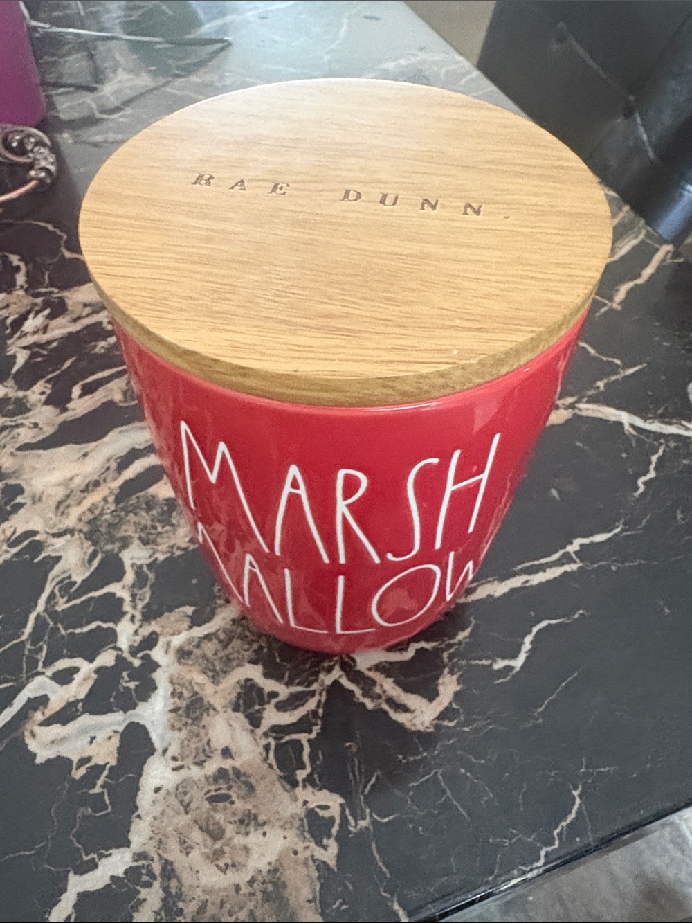 Rae Dunn Red "Marshmallow" Ceramic Canister with Wood Lid